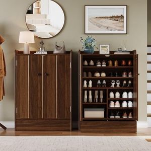 iPormis 6-Tier Shoe Cabinet with Drawer Set of 2, 47” Tall Large Shoe Storage Cabinet with Doors & Adjustable Shelves, Freestanding Wooden Shoe Rack Organizer Cabinet for Entryway Hallway, Walnut