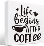 Coffee Begins After Coffee Wood Box Sign Desk Decor,Inspirational Coffee Wood Block Plaque Box Sign Desk Decorations for Home Kitchen Office Cafe Coffee Bar Man Cave Desk Shelf Table Decor