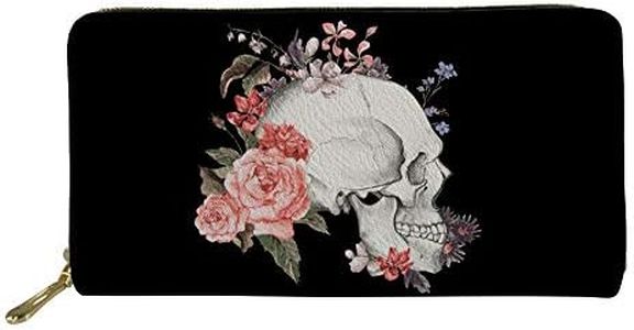 Biyejit Tarjetero largo con diseño de calavera floral para mujer, monedero de mano, funda para teléfono celular, regalo