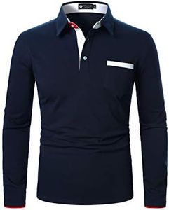 STTLZMC Mens Long Sleeve Polo Shirts with Contrasting Collar Casual Golf Poloshirt Top Navy blue XL