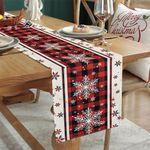 Christmas Linen Table Runner Snowflakes Xmas Decorations, Dining Table Runner for Christmas Decorations, Buffalo Plaid Coffee Table Runner Vintage Farmhouse Style, Home Christmas Decor Chemin de Table