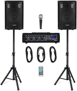 McGrey BP-210 Bandpack PA-Anlage - 4-Kanal Powermixer - digitaler Hall - Bluetooth - USB/SD-Slot - 2-Wege-Lautsprecher mit 10" Woofer und Horn - Inklusive Mikrofon, Stative und Kabel - 100 Watt
