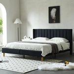 YUHUASHI Upholstered Platform Bed Frame/King Bed Frame/Modern Geometric Double-Wing Design Headboard/Flannel and Linen Fabric/Easy to Assemble No Noise (Black, King (U.S. Standard))