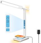 LED Desk Lamp with Wireless Charger & USB Port, Foldable Desk Lamp with 2 Night Lights, Timer&Alarm Clock&Date&Sliding Dimming&Touch Control Desk Lamp for Home, Office, Work, Study, Reading (White)