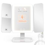 EASEHOLD Rechargeable Lighted Vanity Makeup Mirror, 1X/2X/3X Magnifying Mirror with 60 pcs Led, 3 Color Light Modes Trifold Beauty Mirror, Adjustable