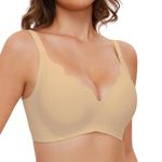 GXOULRRA Wavy Wireless V Neck Bras for Women No Underwire Padded Bralettes Adjustable Straps Plunge Bra with Bra Extender-Nude-S