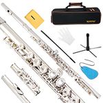 BQKOZFIN Closed Hole C Flute 16 Keys Flute Nickel Plated Tube Instrument with Cleaning Clotht, Stand, Carrying Case, Gloves for Beginner, Kids, Students, Silver