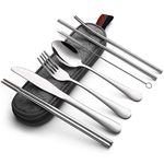 Travel Portable Utensils, Outdoor Flatware, Reusable Stainless Steel Camping Cutlery with Case, Portable Utensil Set for Lunch Box, 8-Piece Including Knife Fork Spoon Chopsticks Cleaning Brush Straws