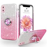 iPhone Xs Case, SouliGo Phone Case iPhone X, Slim Thin Shinny Sparkly Soft TPU Shockproof Protective Ring Kickstand Hybrid Protection Car Mount Support Girls Women iPhone XS/X/10 Cover, Pink Glitter