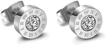 Flongo Women's Earrings Men's Stud Earrings Button Stud Earrings Fake Plugs with Zirconia and Roman Numerals Engraving Earrings, Stainless Steel