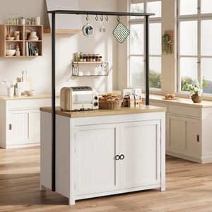 GarveeHome Kitchen Island with Storage 42 in - Heavy Duty Kitchen Cart, Mobile Kitchen Island with 2-Tier Shelves & 5 Hooks, Solid Wood Countertop for Small Spaces (White & Natural)