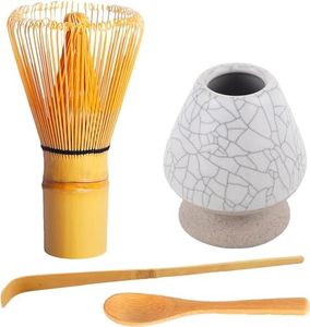 Matcha Whisk Set 4 pcs-Handmade Bamboo Whisk and Traditional Tea Scoop, Matcha Spoon and Unique Ceramic Whisk Holder - Matcha Kit Gifts, Japanese Tea Accessories for Tea Lovers