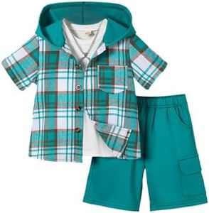 Fdqin Boys Clothes Shorts Sets Plaid Short Sleeve Hooded Button Shirt and Casual Shorts for Kids Beach Summer Green 9-10 Years