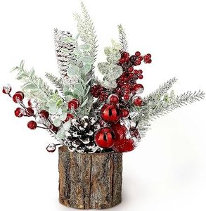 Small Christmas Tree Tabletop Artificial Mini Christmas Tree Decorations with Holiday Ornaments Red Berry Pine Cone Greenery for Home Indoor Fireplace Mantel Xmas Decor (Tree Stump-Red)