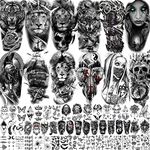 Bilizar 63 Sheets Tribal Wolf Lion Tiger Temporary Tattoos For Men Women Adults, Scary Halloween Skull Gangster Fake Tattoo Stickers Kids, Small 3D Realistic Tattoos Thigh Arm Neck Elephant Warrior