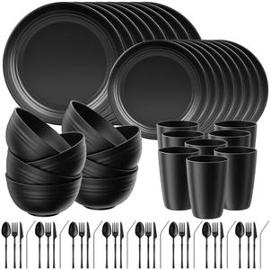 Quatish 64 Piece Plastic Plates and Bowls Sets for 8, Dinnerware Set Black
