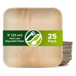 ECO Leaf 25 Disposable Palm Leaf Plates | 9"(23cm) Square Compostable Dinner Plates | Eco-Friendly, Biodegradable Heavy-Duty Plate for Wedding, Party and Picnic | Microwave & Oven Safe, Pack of 25