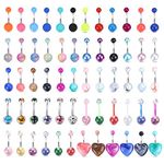 JeryWe 60Pcs Belly Button Rings 14G Surgical Steel Bar Acrylic Heart Navel Rings Set Barbell Body Piercing Jewelry for Women Egirls