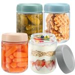 4 Pack 16oz Round Glass Jar with Screw Lid,Leak Proof Clear Glass Jars for Overnight Oats with Lids,Reusable Wide Mouth Mason Jars for Fruit, Salad Dressing, Sauce,Cereal,Pasta,Sugar,Beans,Spic