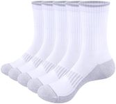 YUEDGE Men's Socks Moisture Wicking Cotton Cushioned Crew Socks Gym Golf Training White Athletic Socks Comfort Work Socks For Men Size 9-11, 5 Pairs/Pack