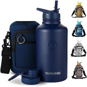 Thermosis 64 Oz insulated water bottle Stainless Steel Water Bottle with Straw & Holder Strap - Includes 2 Lids water bottles - Leak Proof water bottle for Men & Women - Navy Blue