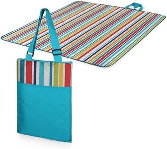 Picnic Time ONIVA - a Brand - Vista Outdoor Picnic Blanket & Tote - Beach Blanket - Camping Blanket, (Fun Stripe Pattern with Aqua Blue Exterior)