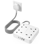LENCENT Extension Lead with 2 USB A & 2 USB C Ports, 4-Way Switched Multi Plug Extension Sockets, Wall Mountable, 3250W 13A UK Power Strip, 1.8M Braided Extension Cord for Kitchen, Workshop, Office