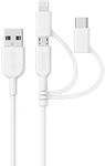 Anker Powerline II 3-in-1 Cable, Lightning/Type C/Micro USB Cable for iPhone, iPad, Huawei, HTC, LG, Samsung Galaxy, Sony Xperia, Android Smartphones, and More(3ft, White)