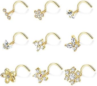 BodyBonita 9Pcs 20G Nose Rings Studs with Big Bling CZ Snowflake Star Top Surgical Steel L-Shaped Nose Studs Triple Linear Gem Ball Round Diamond CZ Nose Piercing Jewelry 7mm, Metal, cubic zirconia