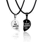 I Love Weird Broken Heart Puzzle Couple Friendship Pendant Necklace Set of 2 Bestie Long Distance Best Friends Valentines Day Gifts, Metal, stainless