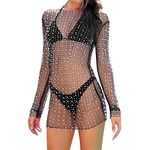 Women Pearl Rhinestone See Through Mesh Dress Long Sleeve Beach Cover Up Dress Summer Sexy Sheer Cover Ups (Black-Mini Length, L)