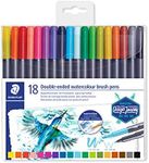 STAEDTLER Double-Ended Watercolour Brush Pens 18 Pack, Assorted Colours, 3001 TB18, Flexible Like A Brush Or A Pen, Ideal For Variable Strokes And Shading, Can Be Used With Or Without Water