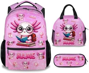 KNOWPHST Axolot Backpack for Girls, 17 Inch School Bag Set | 3 PCS Kids Bookbag with Lunch Box & Pencil Case, Personalized Name Customized Schoolbag