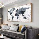 Framed wall art World Map Wall Art Canvas Picture 50cmx100cm Large Black and white Map of The World Canvas Painting Artwork Prints for Office Wall Decor Home Living Room Decorations Framed Ready to Hang