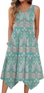 Hotouch Women's Casual Summer Dress Sleeveless Sundress Hankerchief Hem Midi Tank Dresses Beach Dress with Pockets