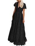 MEROKEETY Women's V Neck Short Sleeve Floral Lace Wedding Dress Bridesmaid Cocktail Party Maxi Dress, Black, X-Large