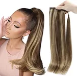 Full Shine Ponytail Extensions Real Human Hair Medium Brown Highlights Honey Blonde Pony Tail Hair Extensions Wrap Around Clip Ins Ponytail 80 Grams 20 Inch