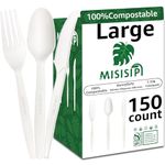 MISISIPI [7.1In 150Pcs] 100%Compostable utensils Cutlery Set Biodegradable 50Forks 50Spoons 50Knives HeavyDuty No Plastic utensils Cutlery Eco-friendly HeavyWeight Disposable utensils Cutlery Flatware