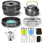 Odoland Camping Cookware Set with Foldable Stove, Non Stick Pot Pan Kettle Set with Stainless Steel Cups Plates Forks Knives Spoons for Outdoor Cooking and Picnic - Camping Cutlery Set Suit 2 People