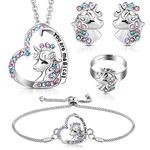 Herdear 4 Pcs Girls Unicorn Jewelry Set Unicorn Necklace Bracelet Ring Stud Earrings for Kids Rainbow Unicorn Jewelry, Alloy, Stainless Steel, pendants