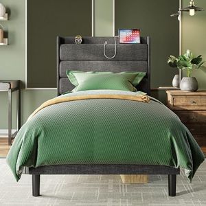 LIKIMIO Twin XL Bed Frames, Storage Headboard with Outlets, Sturdy and Stable, No Noise, No Box Springs Needed, Dark Gray