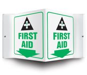 ACCUFORM Signs PSP605 Projection Sign 3D, Legend "First AID (Arrow Down)" with Graphic, 6-Inch x 5-Inch Panel, 0.10-Inch Thick High-Impact Plastic, Pre-Drilled Mounting Holes, Green/Black on White