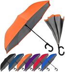 StrombergBrand Viceversa Large Reverse Inverted Umbrella Self-Stand Windproof Umbrella C-Shape Handle 46" Arc Size Upside Down Straight Umbrella for Car Rain Outdoor Use for Men & Women, Orange