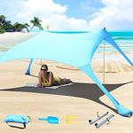 CUUPO 7×7 FT Beach Tent Sun Shelter UPF50+ UV Protection, Outdoor Canopy Tent Sun Shade with 2 Poles for Camping, Beach, Fishing, Backyard and Picnics with Sandproof Beach Blanket Blue