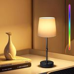 Smanu Rechargeable Battery Operated Table Lamp,3 Color & 7 RGB Dimmable Touch Control Bedside Lamp,Cordless Ambient Lamp with Flaxen Fabric Shade for Living Room/Nightstand/Restaurant/Party/Bar