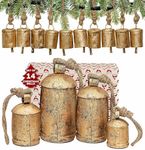 AKATVA Large Christmas Bells for Decoration – Cow Bells for Rustic Christmas Decor – Gold Bells for Christmas Decorations – Vintage Christmas Decor – Rustic Bells on Rope – Set of 14 Pieces