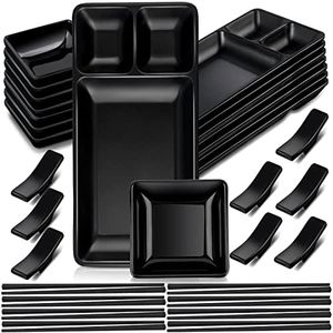 Hoolerry 8 Sets Sushi Plate Set Includes 8 Sushi Plates, 8 Soy Sauce Bowls, 8 Chopsticks, 8 Chopstick Holders, Japanese Dinnerware Set Sushi Serving Set, Black