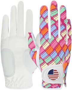 Womens Golf Glove with Ball Marker Rain Left Right Hand Leather Printed Pack, Ladies Golf Gloves All Weather Grip Breathable Soft Size Small Medium Large XL (Blue&Pink, Medium-Worn on Right Hand)