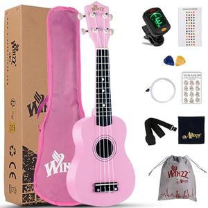Winzz Ukulélé Soprano Kit de Démarrage pour Débutants avec Étui Souple Accordeur Amovible Cordes Supplémentaires Sangle Plectre Autocollants de Frette Carte d’accords Tissu de Polissage Rose