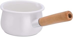 YumCute Home Enamel Milk Pan with Dual Pour Spout Butter Warmer Milk Pot for Stove Top Healthy White Enameled Inside Coating Iron 1QT Small Soup Pot with Wooden Handle Handy Pot (White)